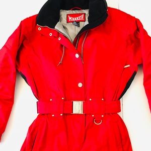 Vintage Marker Women’s Ski Suit Snow Bib Jumpsuit Red Hooded Size 6